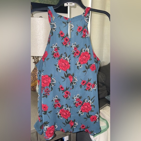 Dark Blue Floral Georgette Pleated Goddess Neck Tank - Picture 3 of 5